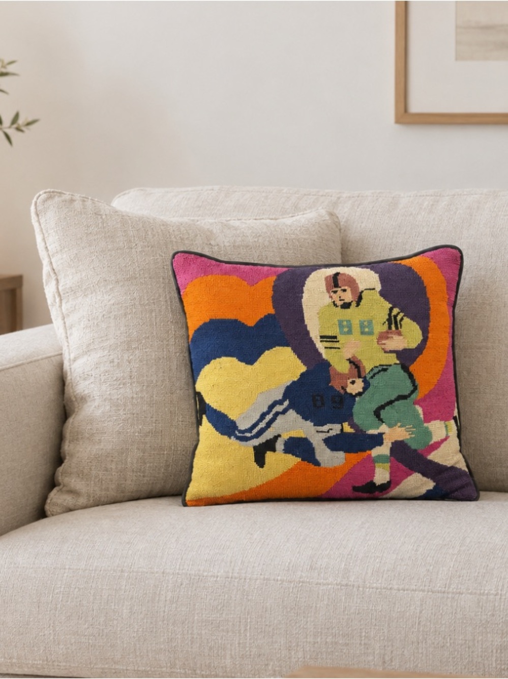 Vintage 1970’s football themed needlepoint throw pillow 17inch